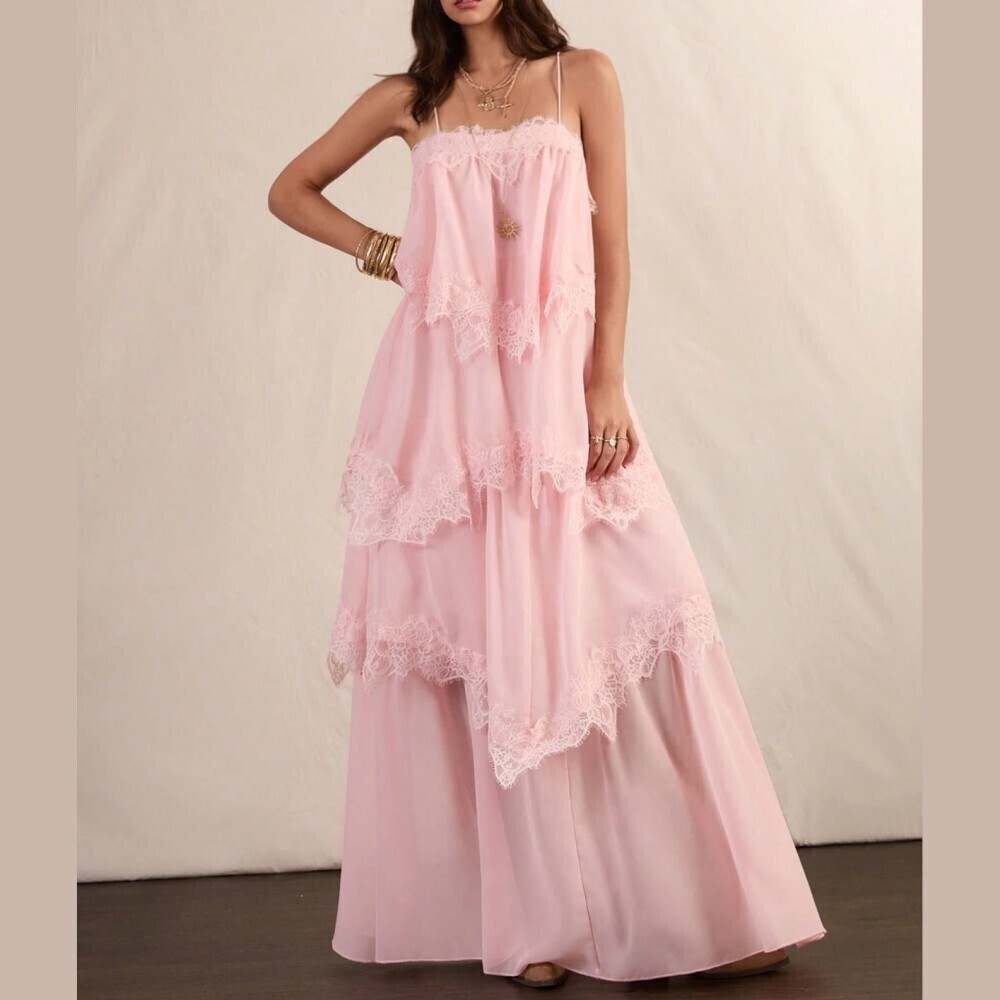 Pink Lace Trim Tiered Spaghetti Strap Sheer Chiffon Maxi Dress